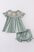 Sage sand dollar embroidery smocked girl bloomer set - ARIA KIDS