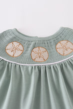 Sage sand dollar embroidery smocked girl dress - ARIA KIDS