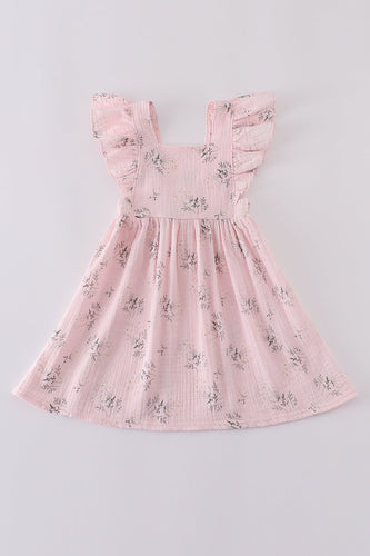 Pink floral print muslin girl ruffle dress - ARIA KIDS