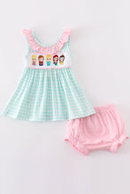 Blue princess embroidery girl gingham bloomer set - ARIA KIDS