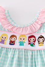 Blue princess embroidery girl gingham bloomer set - ARIA KIDS