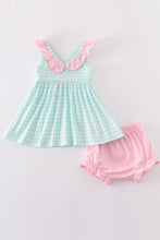 Blue princess embroidery girl gingham bloomer set - ARIA KIDS