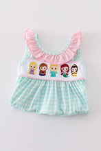 Blue princess embroidery girl gingham bloomer set - ARIA KIDS