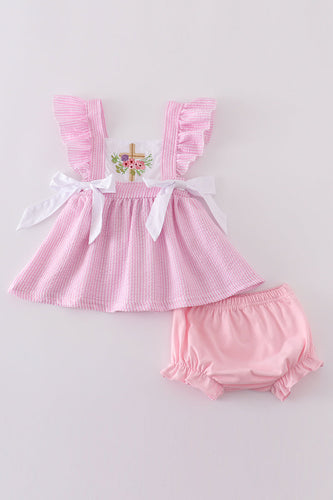 Pink seersucker cross floral embroidery bloomer set - ARIA KIDS