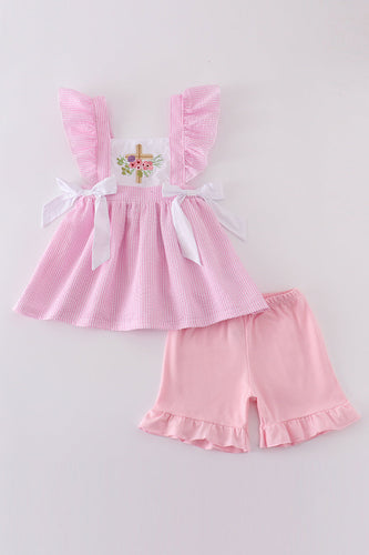 Pink seersucker cross floral embroidery set - ARIA KIDS