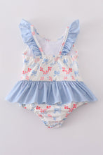 Blue bow lattice print swimsuit - ARIA KIDS