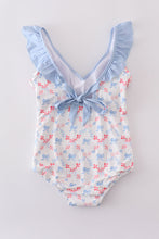 Blue bow lattice print mom swimsuit - ARIA KIDS