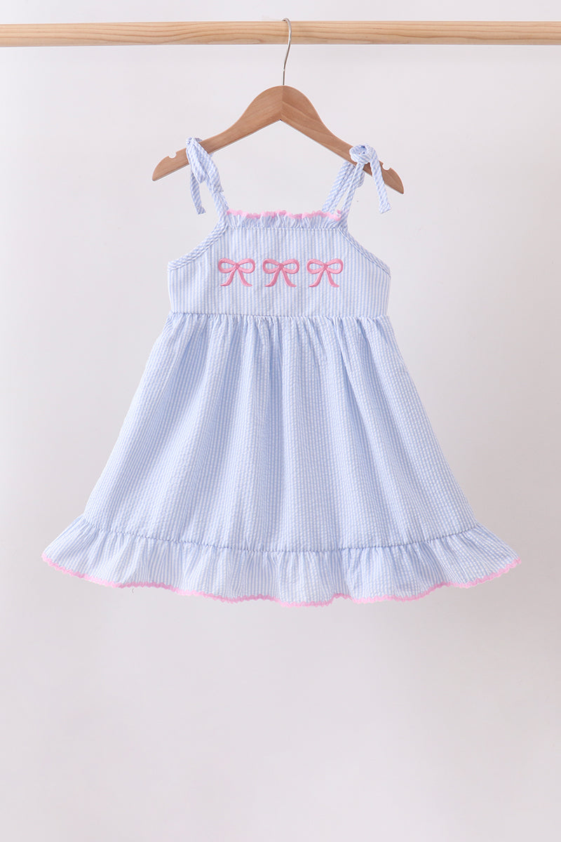 Blue Bow Embroidered Stripe Ruffle Dress - ARIA KIDS