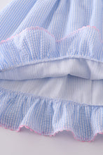 Blue striped seersucker bow embroidery girl dress - ARIA KIDS