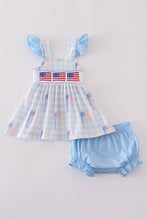 Blue flag embroidery smocked gingham bloomer set - ARIA KIDS
