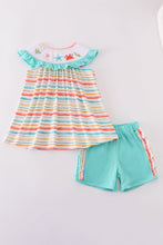 Rainbow stripe marine creature embroidery smocked shorts set - ARIA KIDS