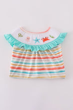 Rainbow stripe marine creature embroidery smocked shorts set - ARIA KIDS