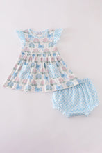 Blue hydrangea bow print ruffle bloomer set - ARIA KIDS