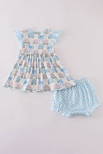 Blue hydrangea bow print ruffle bloomer set - ARIA KIDS