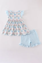Blue hydrangea bow print ruffle shorts set - ARIA KIDS