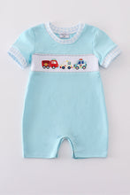Blue fire truck police car embroidery smocked romper - ARIA KIDS