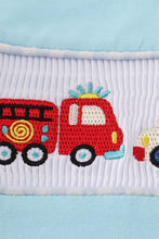 Blue fire truck police car embroidery smocked romper - ARIA KIDS