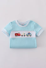 Blue fire truck police car embroidery smocked romper - ARIA KIDS