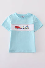 Blue fire truck police car embroidery smocked top - ARIA KIDS
