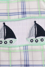 Green seersucker sailboat embroidery smocked bubble - ARIA KIDS