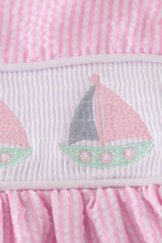Pink stripe seersucker sailboat embroidery smocked dress - ARIA KIDS