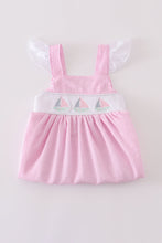 Pink stripe seersucker sailboat embroidery smocked dress - ARIA KIDS