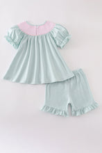 Blue bow pearl smocked ruffle shorts set - ARIA KIDS