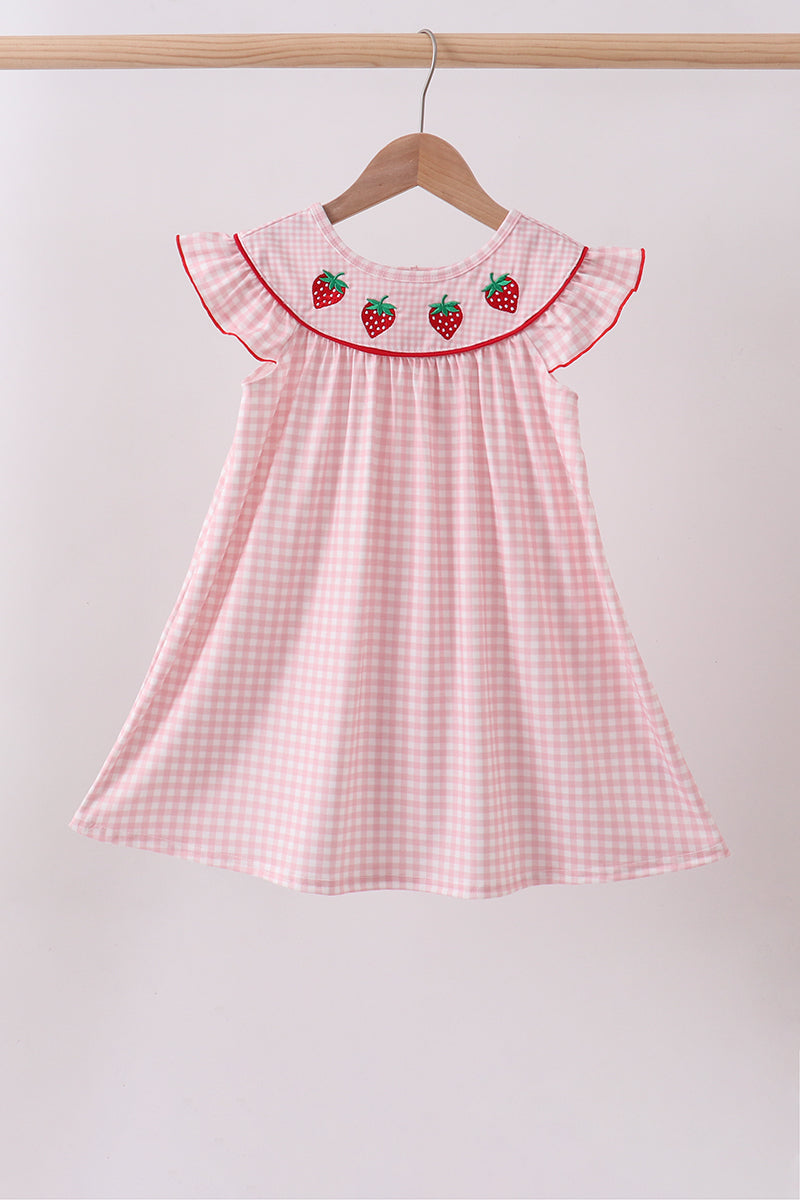 Pink strawberry embroidery gingham dress - ARIA KIDS