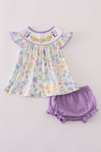 Purple floral embroidery smocked bloomer set - ARIA KIDS