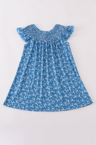 Blue floral print smocked dress - ARIA KIDS