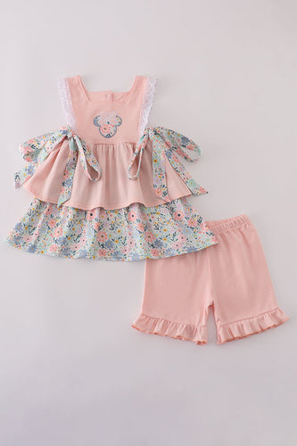 Pink floral character applique ruffle shorts set - ARIA KIDS