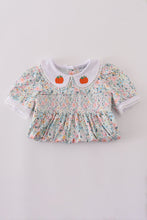 Green floral pumpkin embroidery smocked ruffle pants set - ARIA KIDS