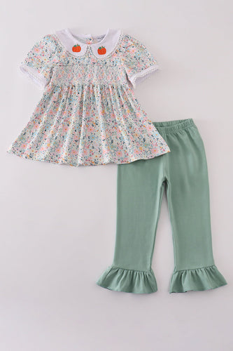 Green floral pumpkin embroidery smocked ruffle pants set - ARIA KIDS