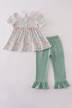 Green floral pumpkin embroidery smocked ruffle pants set - ARIA KIDS