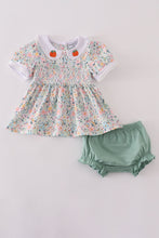 Green floral pumpkin embroidery smocked bloomer set - ARIA KIDS