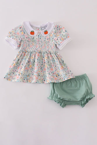 Green floral pumpkin embroidery smocked bloomer set - ARIA KIDS