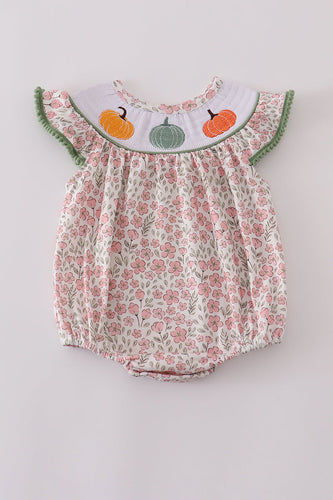 Pink pumpkin smocked floral ruffle bubble - ARIA KIDS