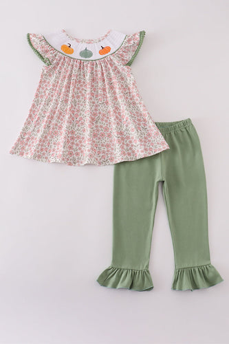 Pink pumpkin smocked floral ruffle pants set - ARIA KIDS