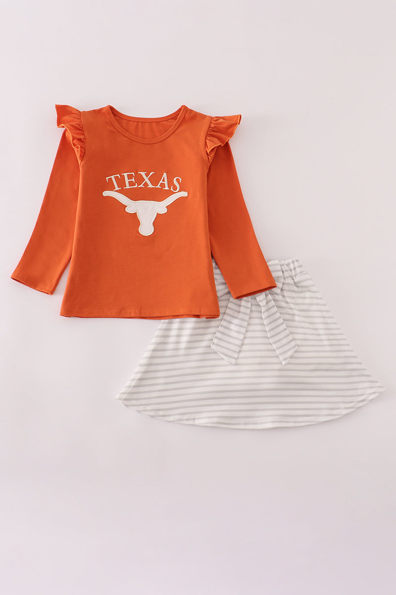 Rust Texas embroidery bow skorts set - ARIA KIDS