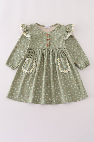 Green corduroy floral lace ruffle dress - ARIA KIDS