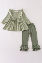Green corduroy floral lace ruffle pants set - ARIA KIDS