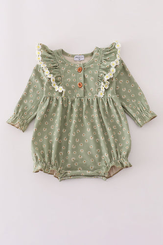 Green corduroy floral lace ruffle bubble - ARIA KIDS