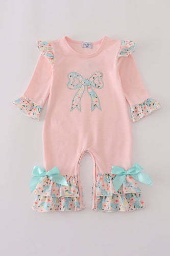 Pink floral print bow applique ruffle romper - ARIA KIDS