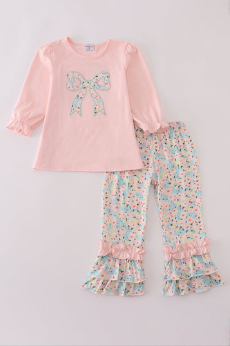 Pink floral print bow applique ruffle romper - ARIA KIDS