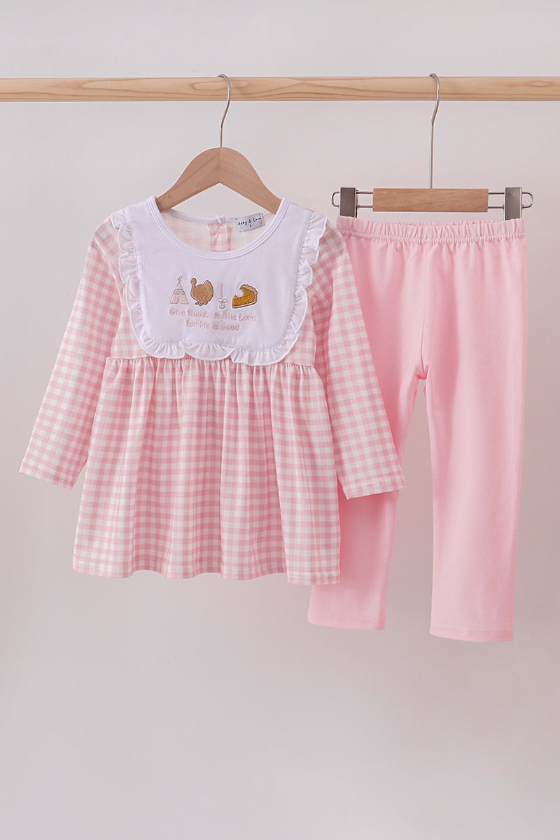 Pink plaid print turkey embroidery girl set - ARIA KIDS