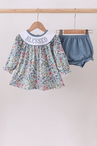 Blue floral blessed embroidery bloomer set - ARIA KIDS