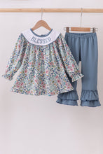 Blue floral blessed embroidery ruffle pants set - ARIA KIDS