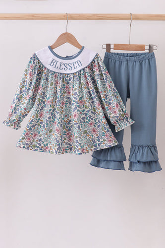Blue floral blessed embroidery ruffle pants set - ARIA KIDS