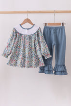 Blue floral blessed embroidery ruffle pants set - ARIA KIDS