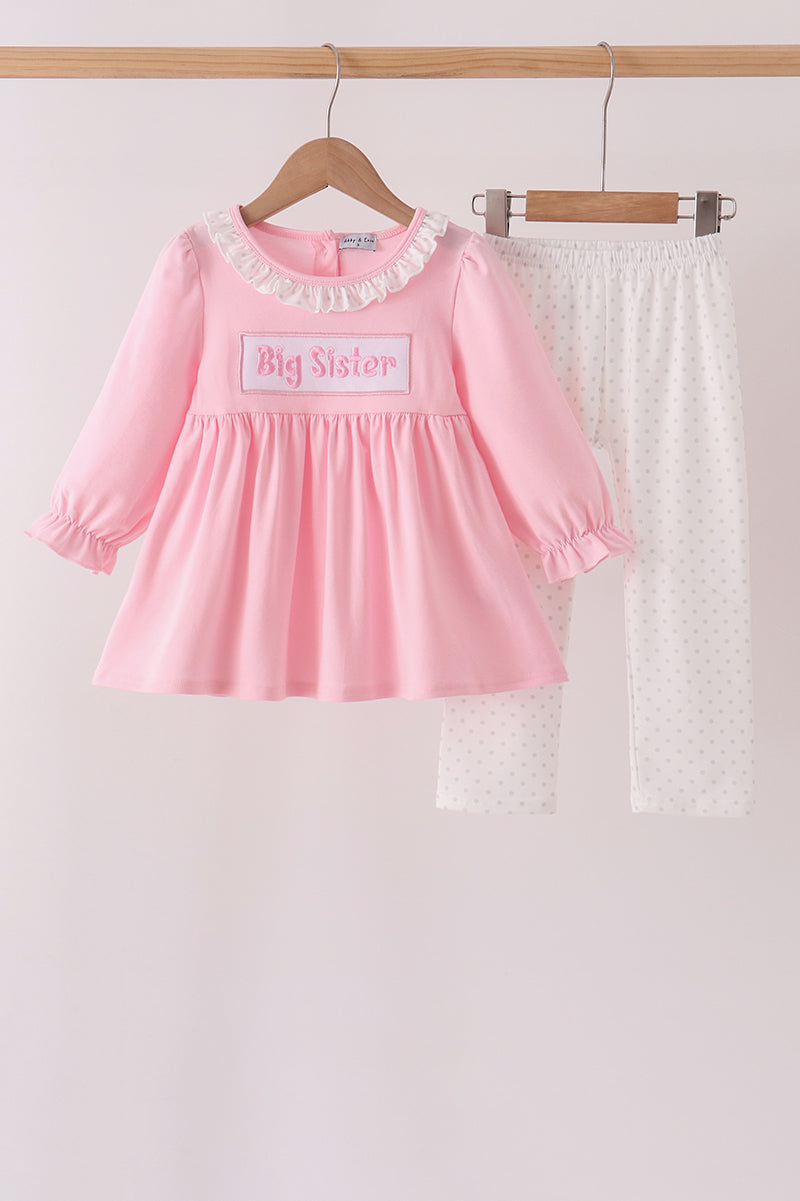 Pink big sister embroidery ruffle pants set - ARIA KIDS